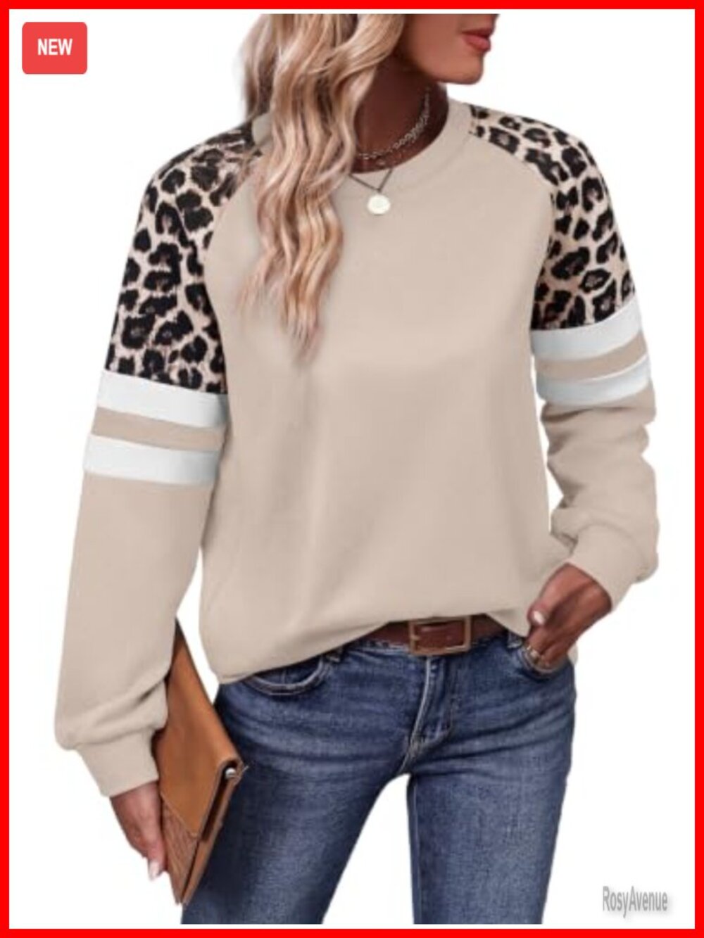 Womens Crewneck Sweatshirt Leopard Print Sleeve Color Block Loose Fit Tunic Top